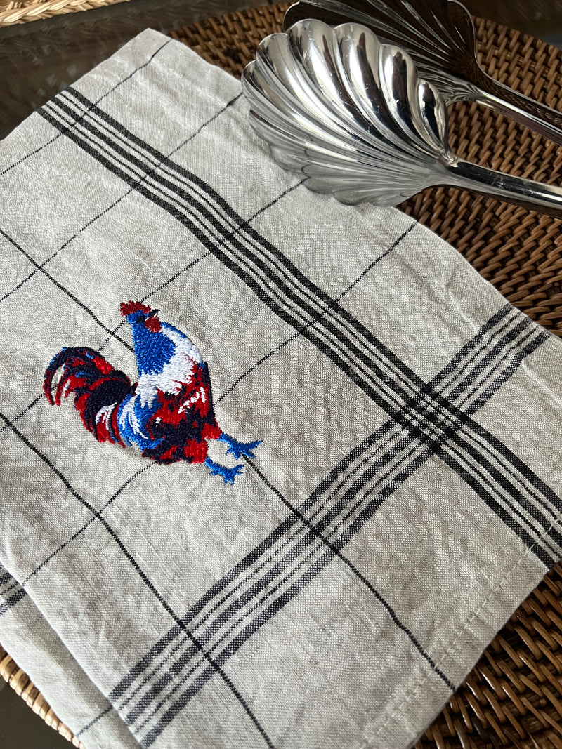 Tea Towel / 100% Lin Embroided with blue coq